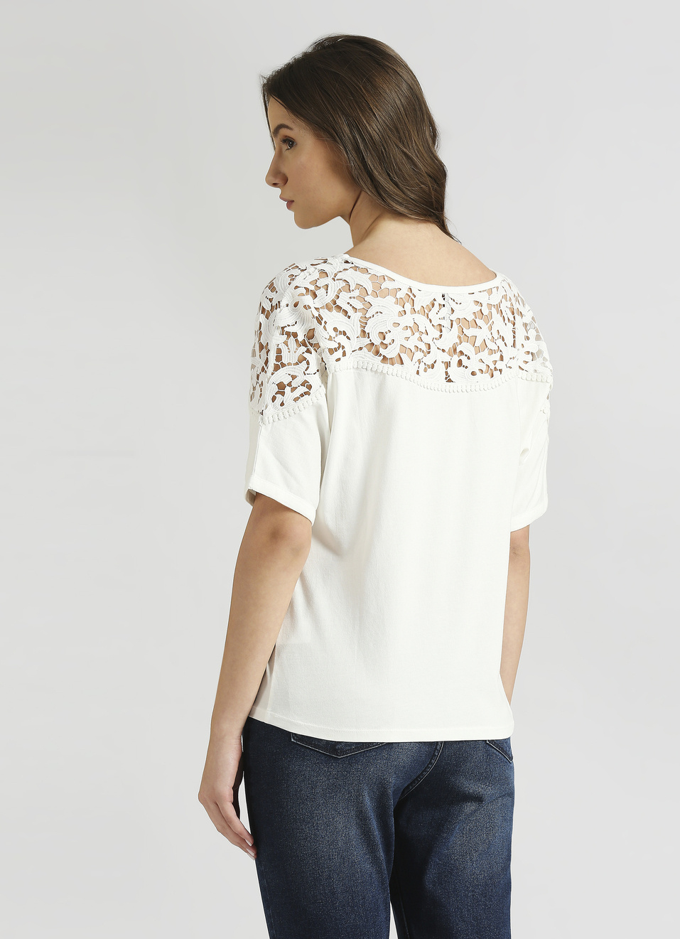White Lace Detail Extended Shoulder Top, , large image number 2