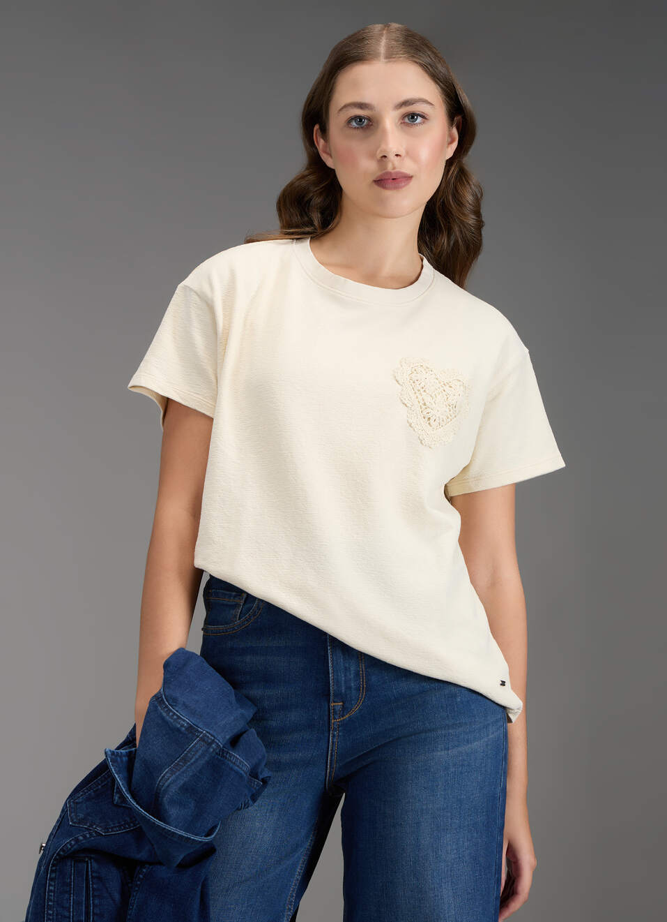 Women Beige Embroidered Comfort Fit T-shirt, , large image number 0