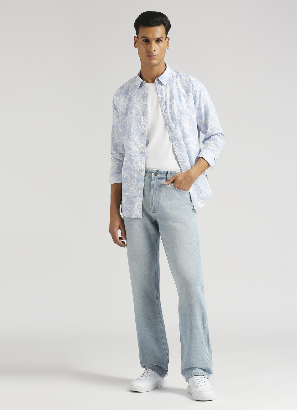 Sky Blue Floral Print Long Sleeve Shirt, , large image number 5