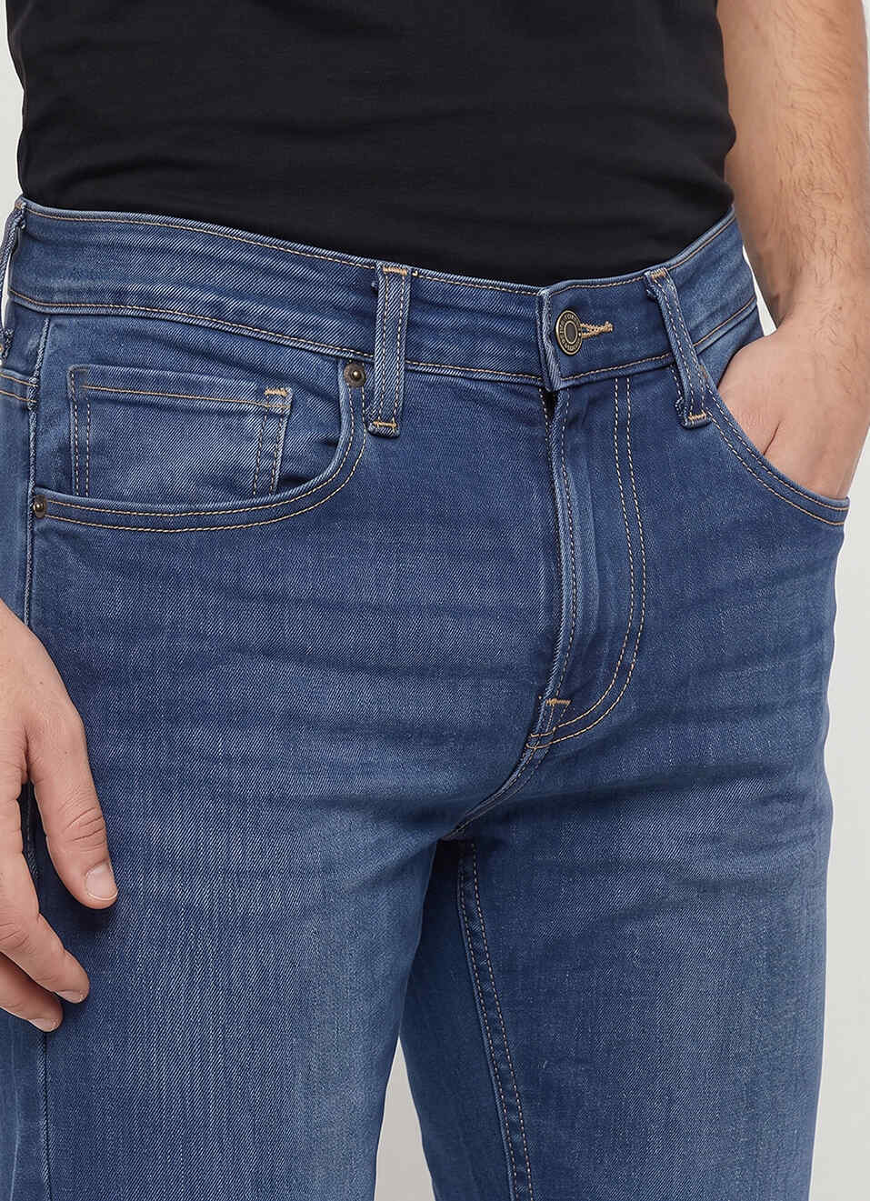 Men Blue Tapered Fit Low Rise Stretchable Jeans, , large image number 4