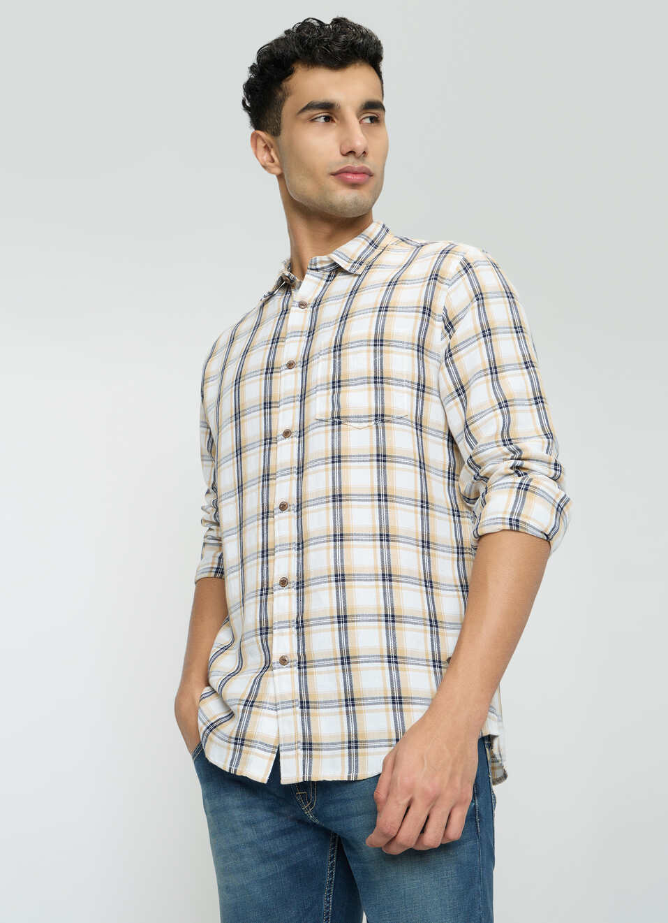 Men Beige Checked Shirt, , large image number 3