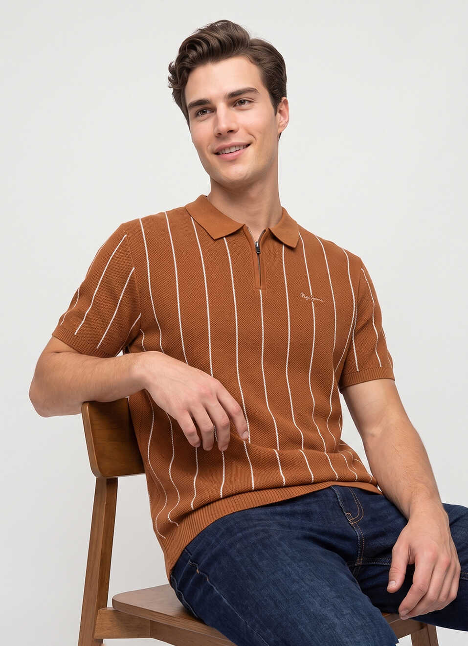 Men Orange Striped Flat Knit Polo Collar T-shirt, , large image number 0