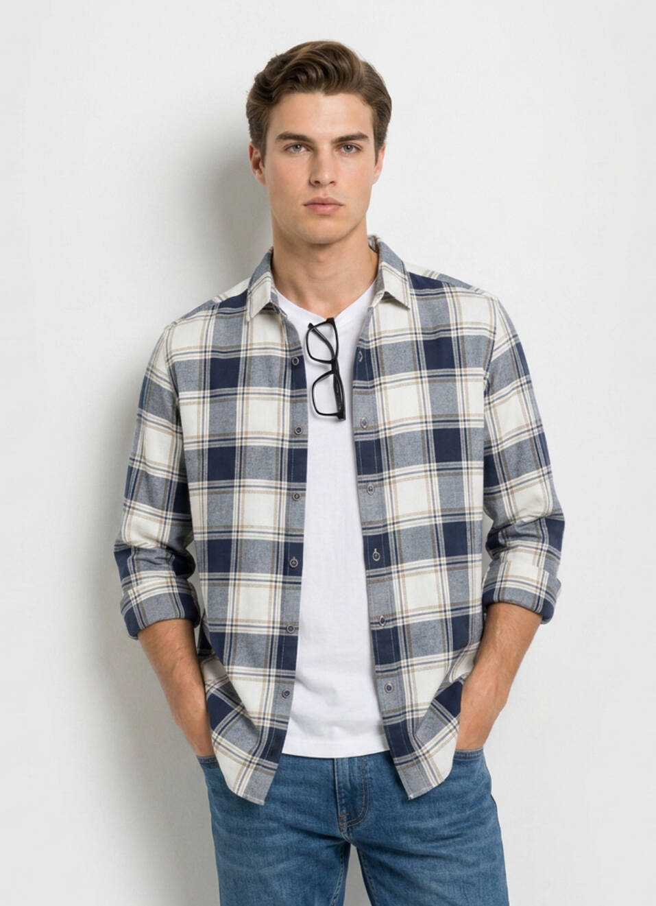 Men Blue Checked Dobby Long Sleeve Shirt, , large image number 0