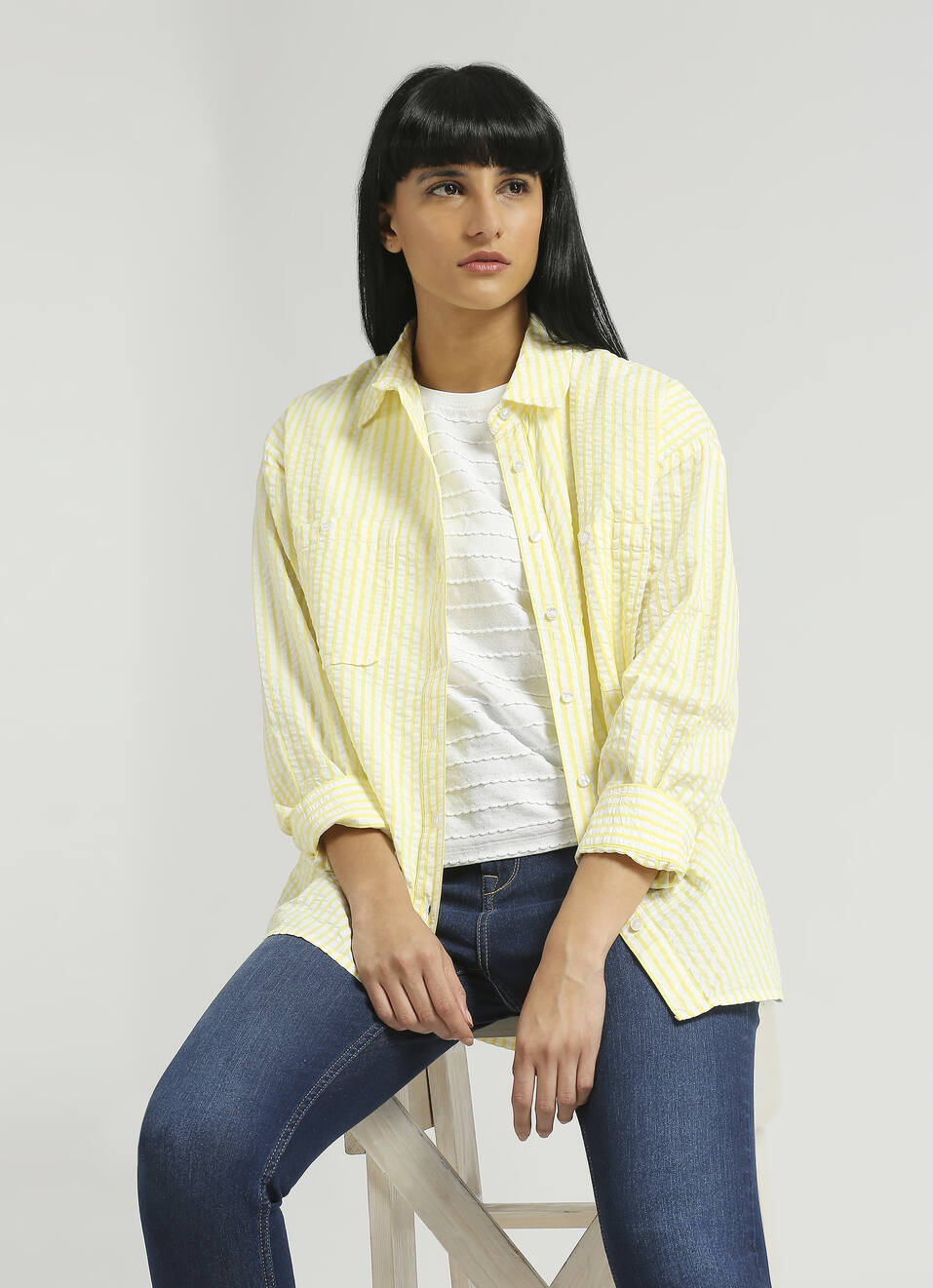 Yellow Seersucker Stripes Oversized Shirt | Pepe Jeans India