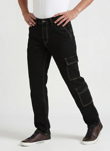 Cargo Straight Mid Rise Black Jeans