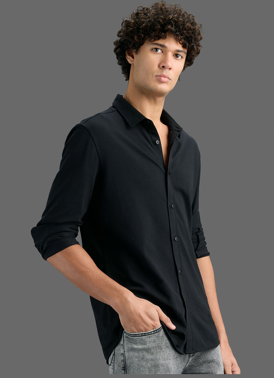 Men Black Solid Shirt, , large image number 5