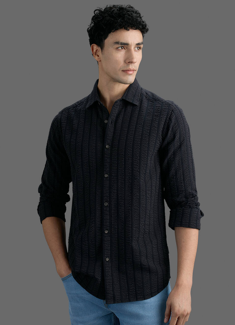 Men Black Striped Seersucker Long Sleeve Shirt, , large image number 5