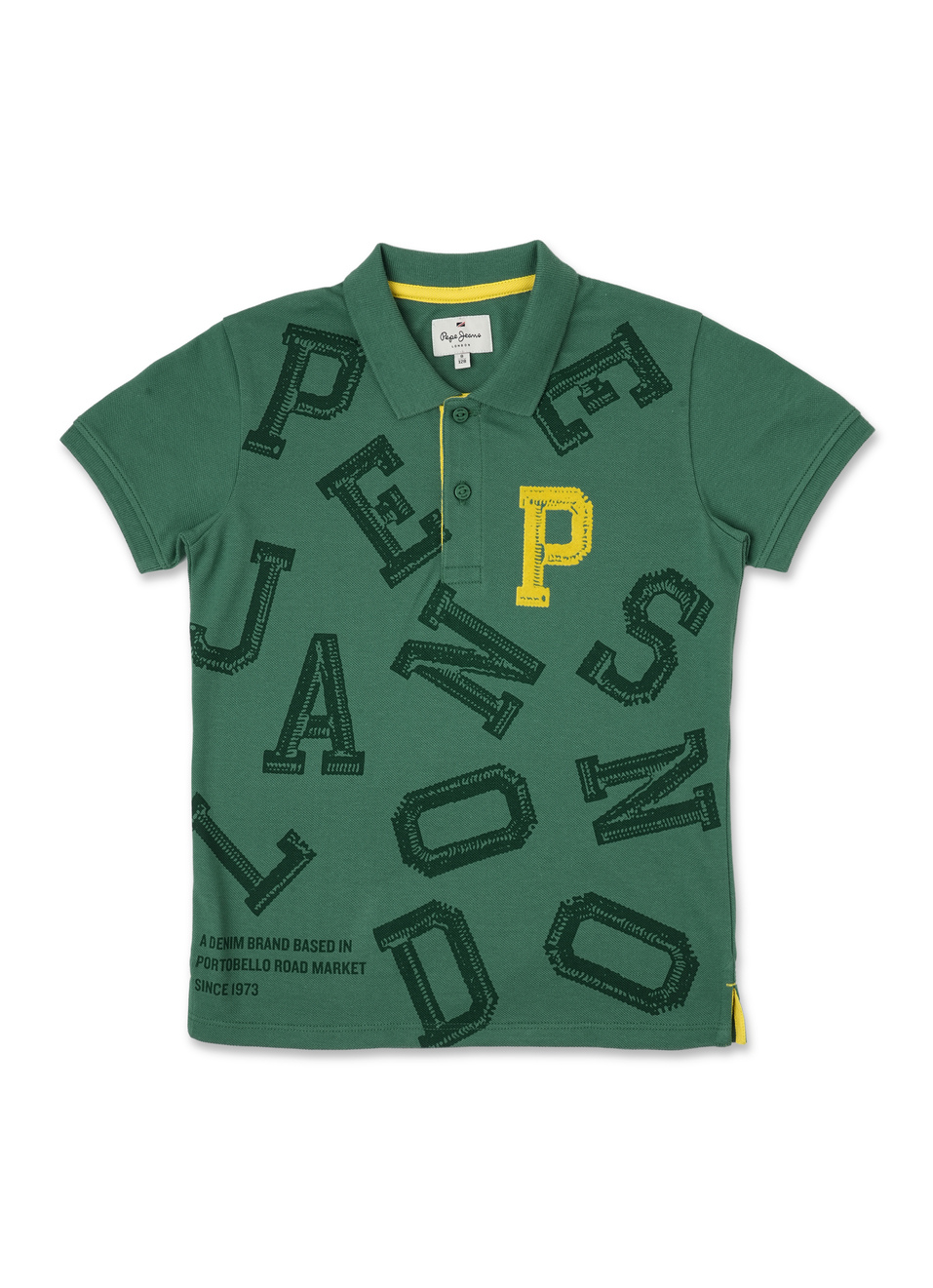 Boys Green Typographic Ribbed Collar Pique Polo, , large image number 0
