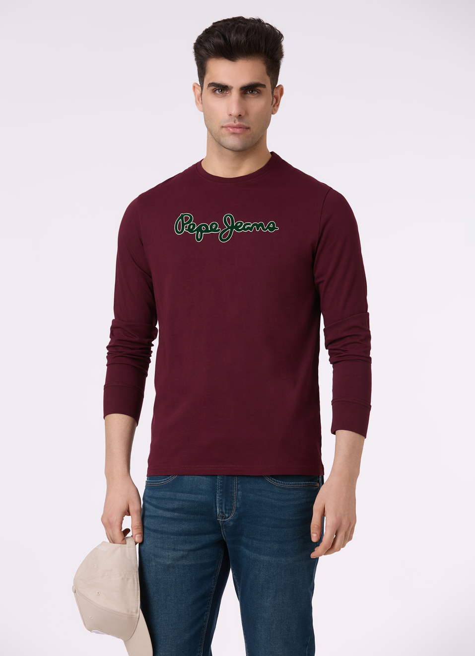 Men Burgundy Logo Print Full Sleeve T-shirt, , large image number 0