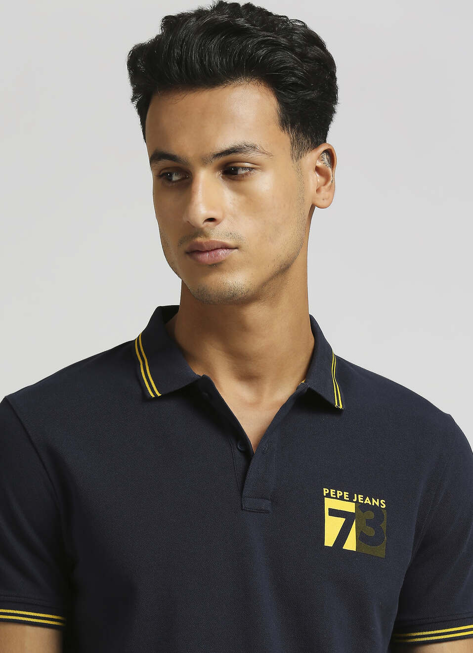 Navy Flock Print Contrast Tipping Detail Polo, , large image number 4