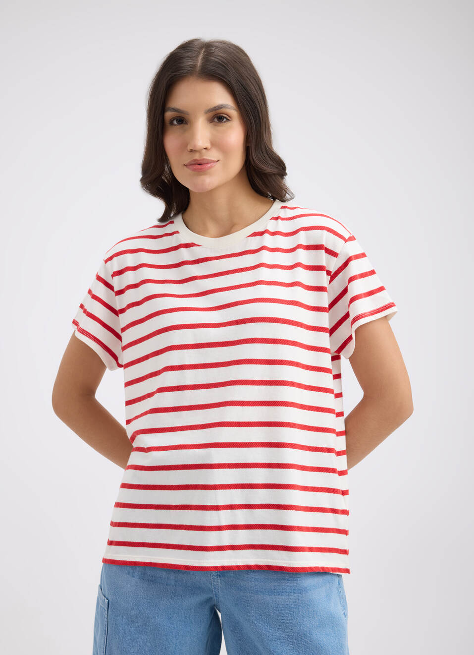 Women Red Stripe Short Sleeve T-shirt, , large image number 0