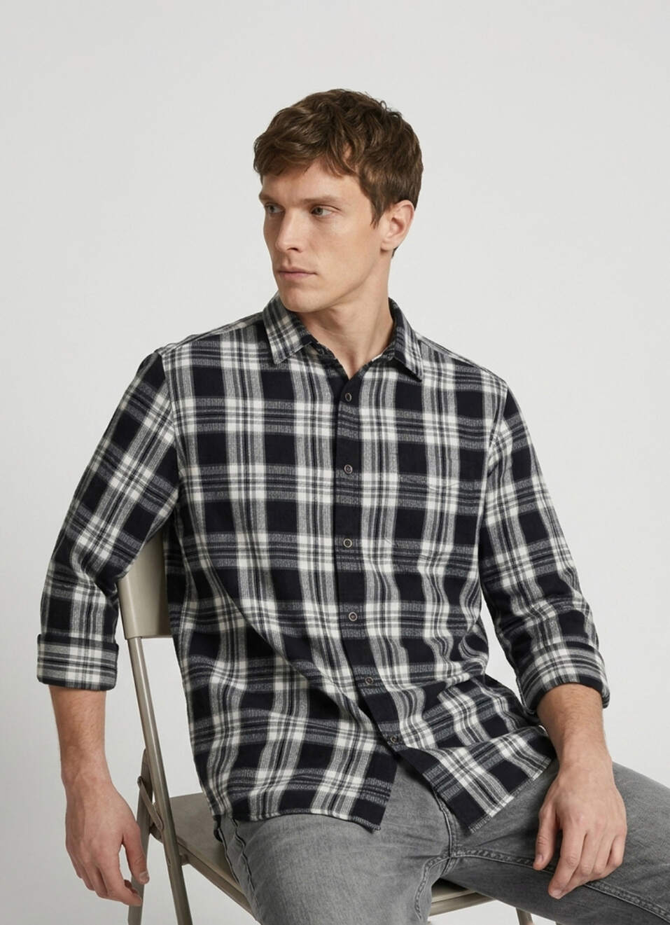 Men Black Checked Brushed Long Sleeve Shirt, , large image number 0