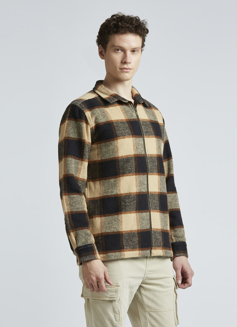 Brown Checks Full Sleeve Zipper Oversized Shirt, , large image number 3