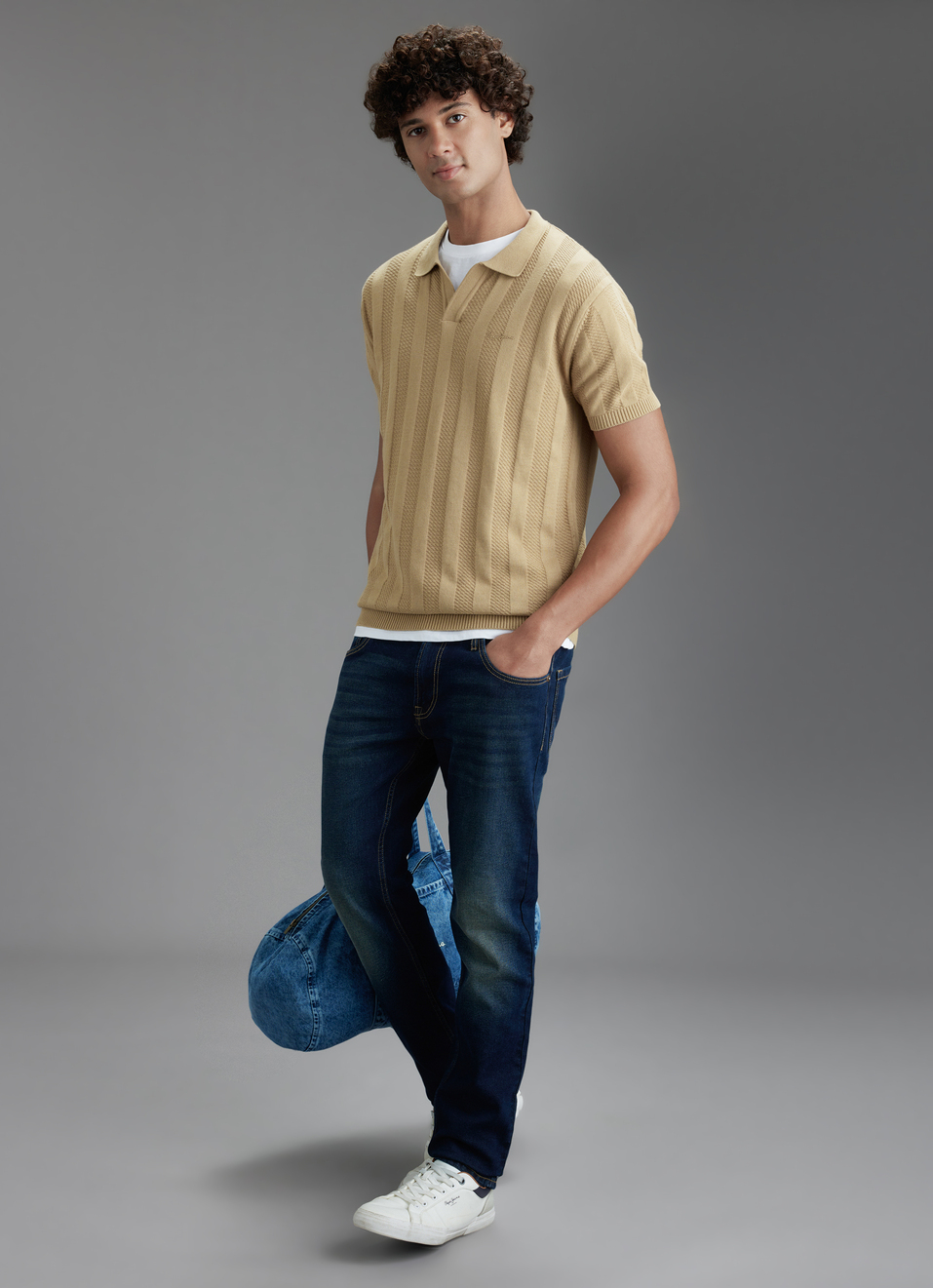 Men Beige Regular Fit Short Sleeve Textured Knitted Polo, , large image number 2