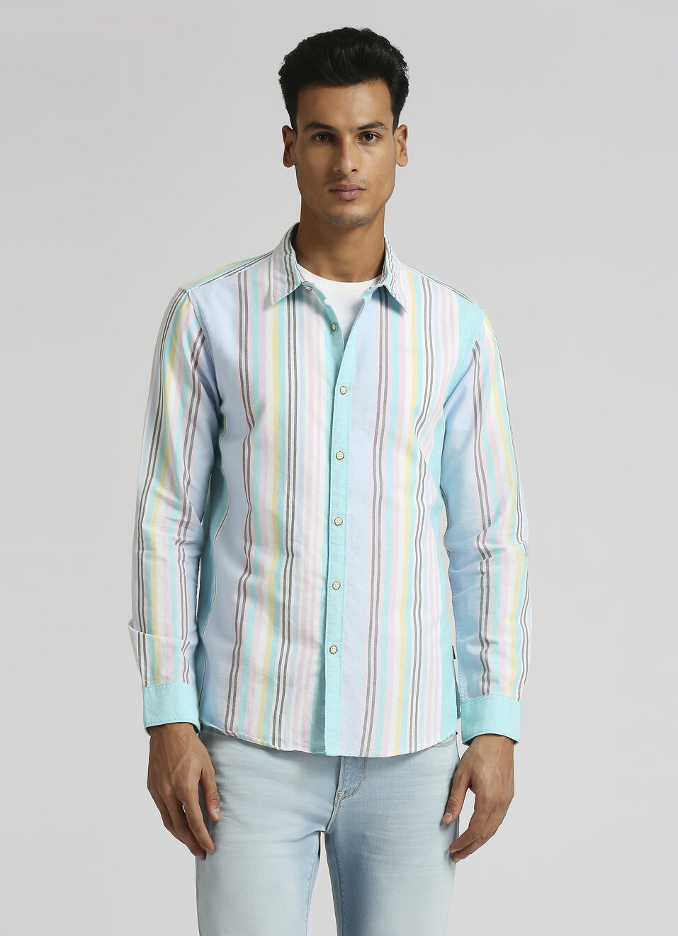 Aqua Stripes Trendy Summer Long Sleeve Shirt, , large image number 1