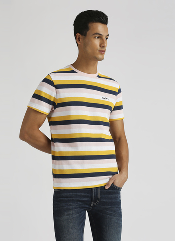 Pink Popcorn Striper Yarn-dyed Trendy Short Sleeve T-shirt