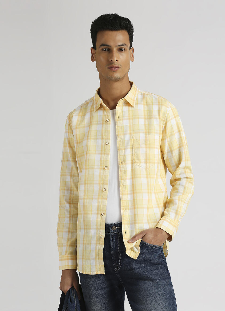 Yellow Plaid Summer Long Sleeve Shirt, , large image number 0