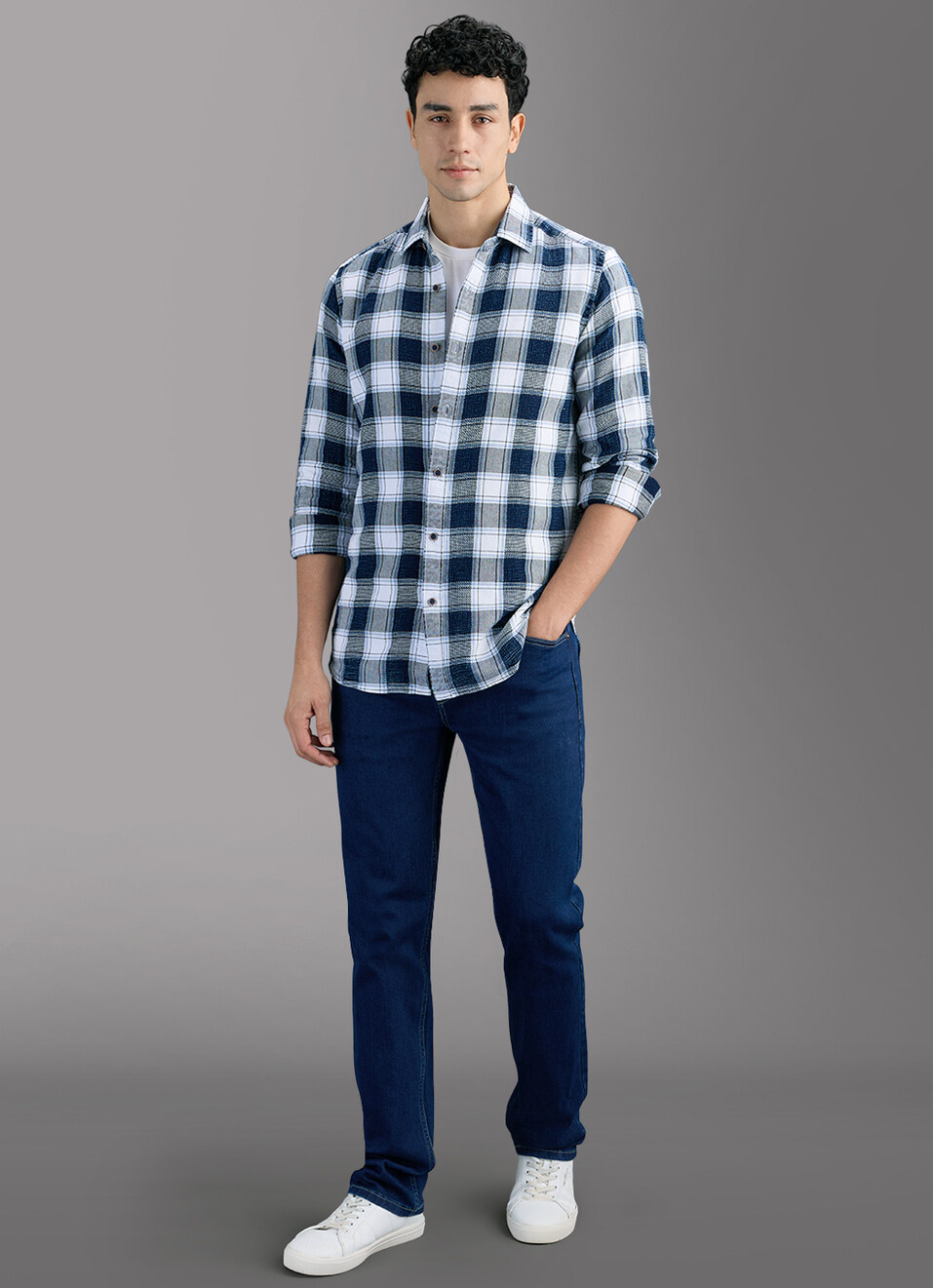 Men Navy Checked Shirt, , large image number 2