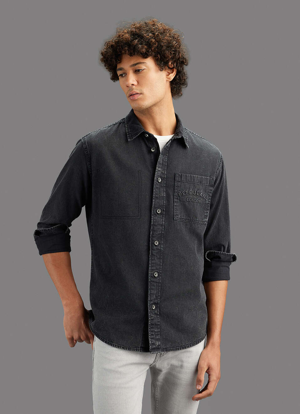 Men Black Solid Regular Fit Denim Shirt, , large image number 5