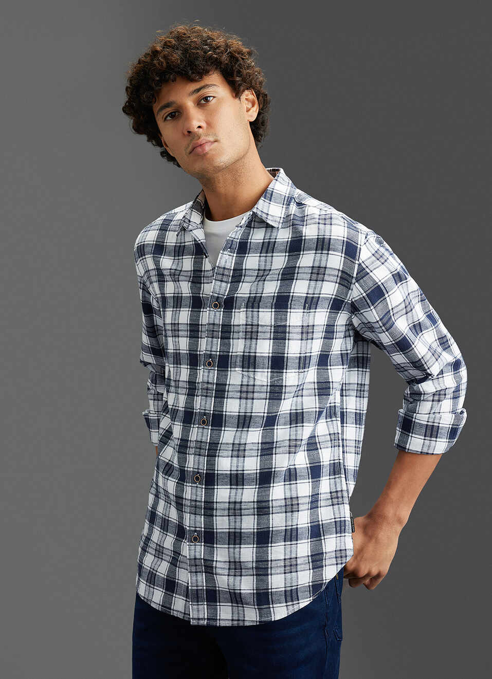 Men Blue Checked Regular Fit Full Sleeve Casual Shirt, , large image number 7