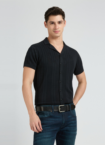 Black Resort Collar Short Sleeve Flat Knit Shirt