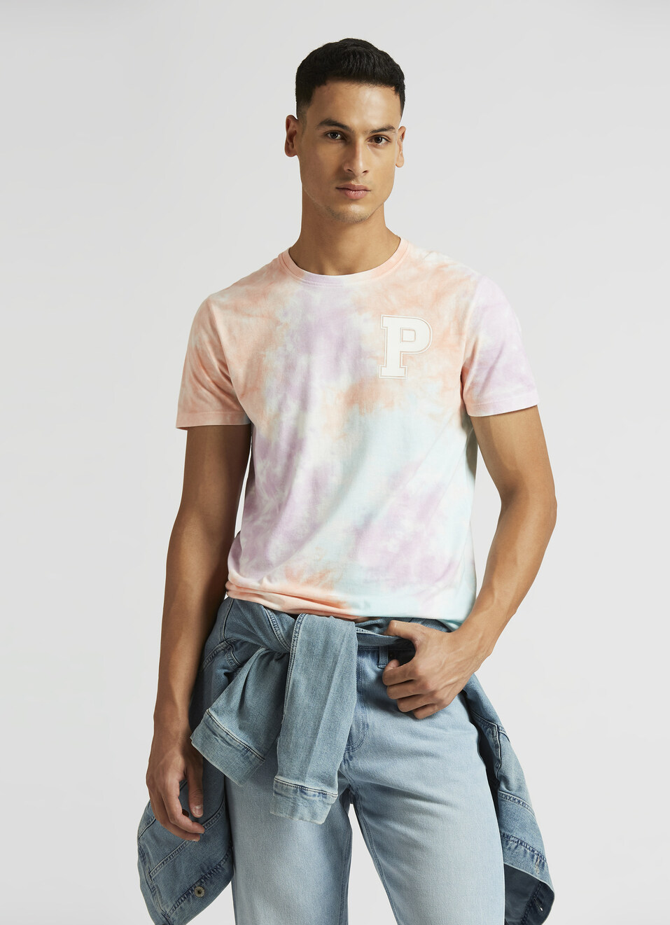 Pink Tie And Dye Print Trendy Short Sleeve T-shirt, , large image number 0