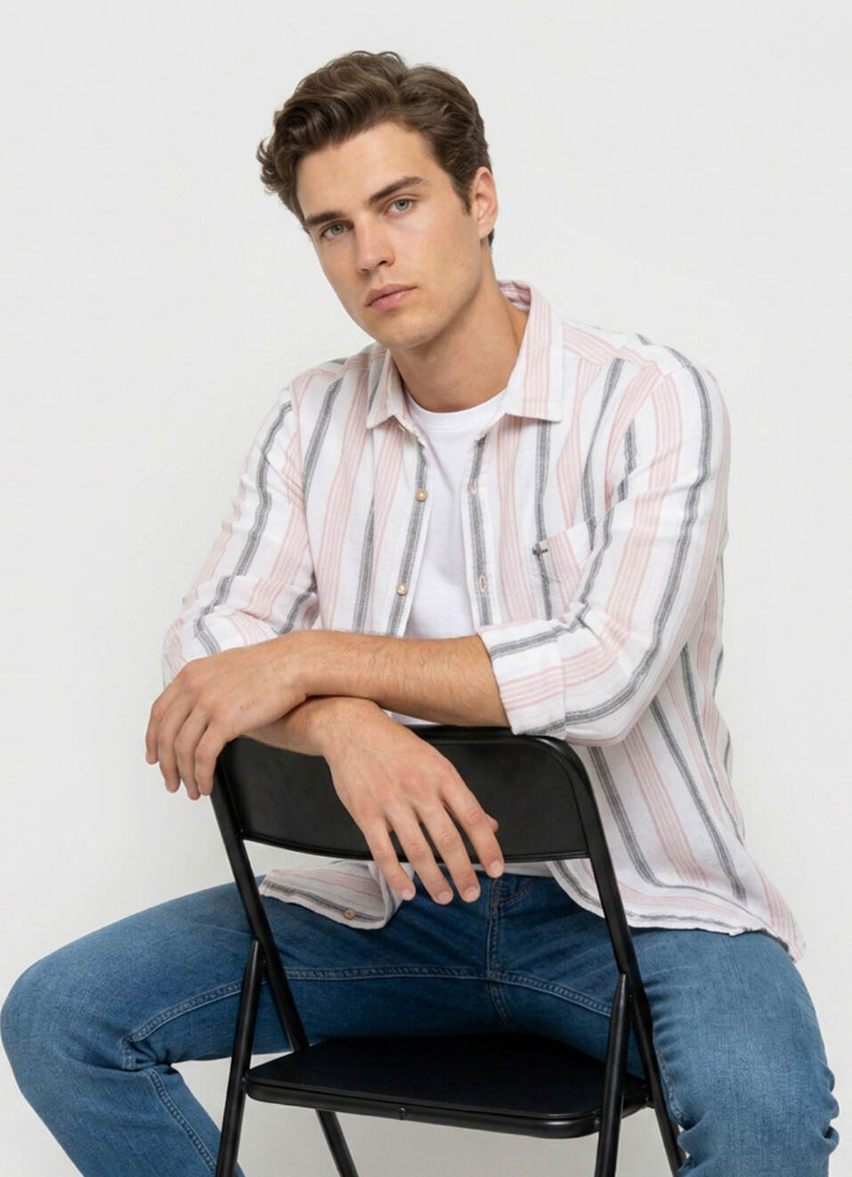 Men White Striped Long Sleeve Shirt, , large image number 0