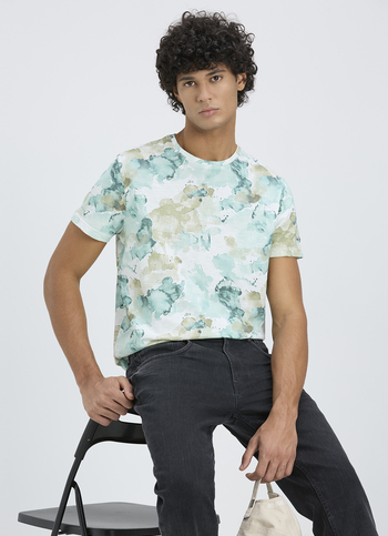 Men Beige Abstract Print Short Sleeve T-shirt