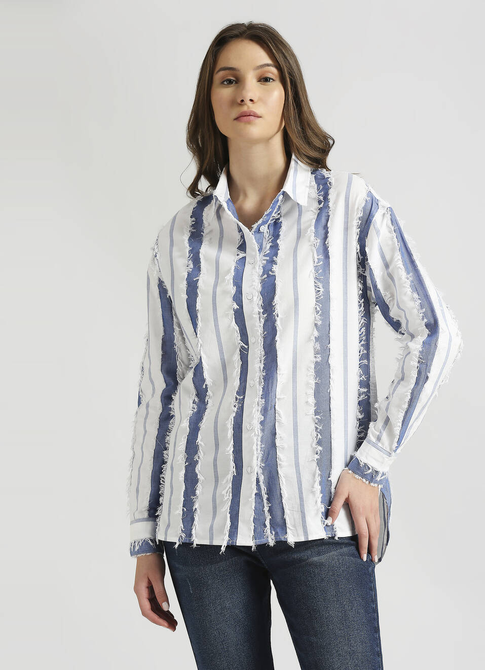 Blue Oversized Stripes Self Design Long Sleeve Shirt, , large image number 1