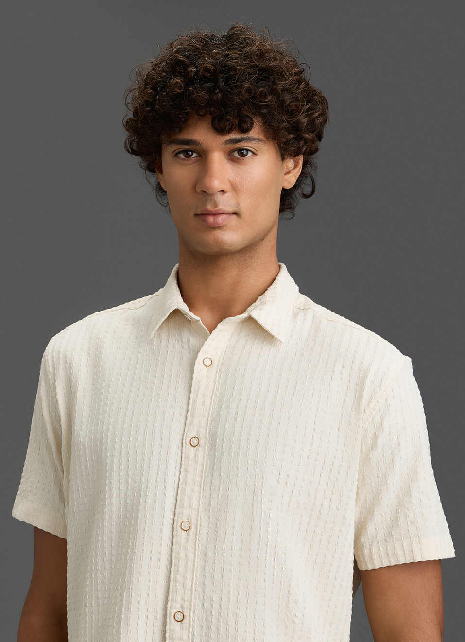 Men Beige Self Textured Regular Fit Short Sleeve Casual Shirt, , large image number 4