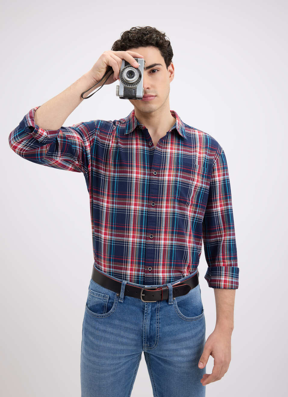 Men Navy Herringbone Check Full Sleeve Shirt, , large image number 0