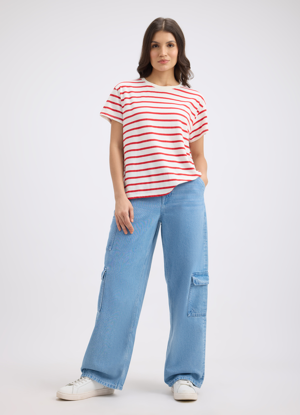 Women Red Stripe Short Sleeve T-shirt, , large image number 5
