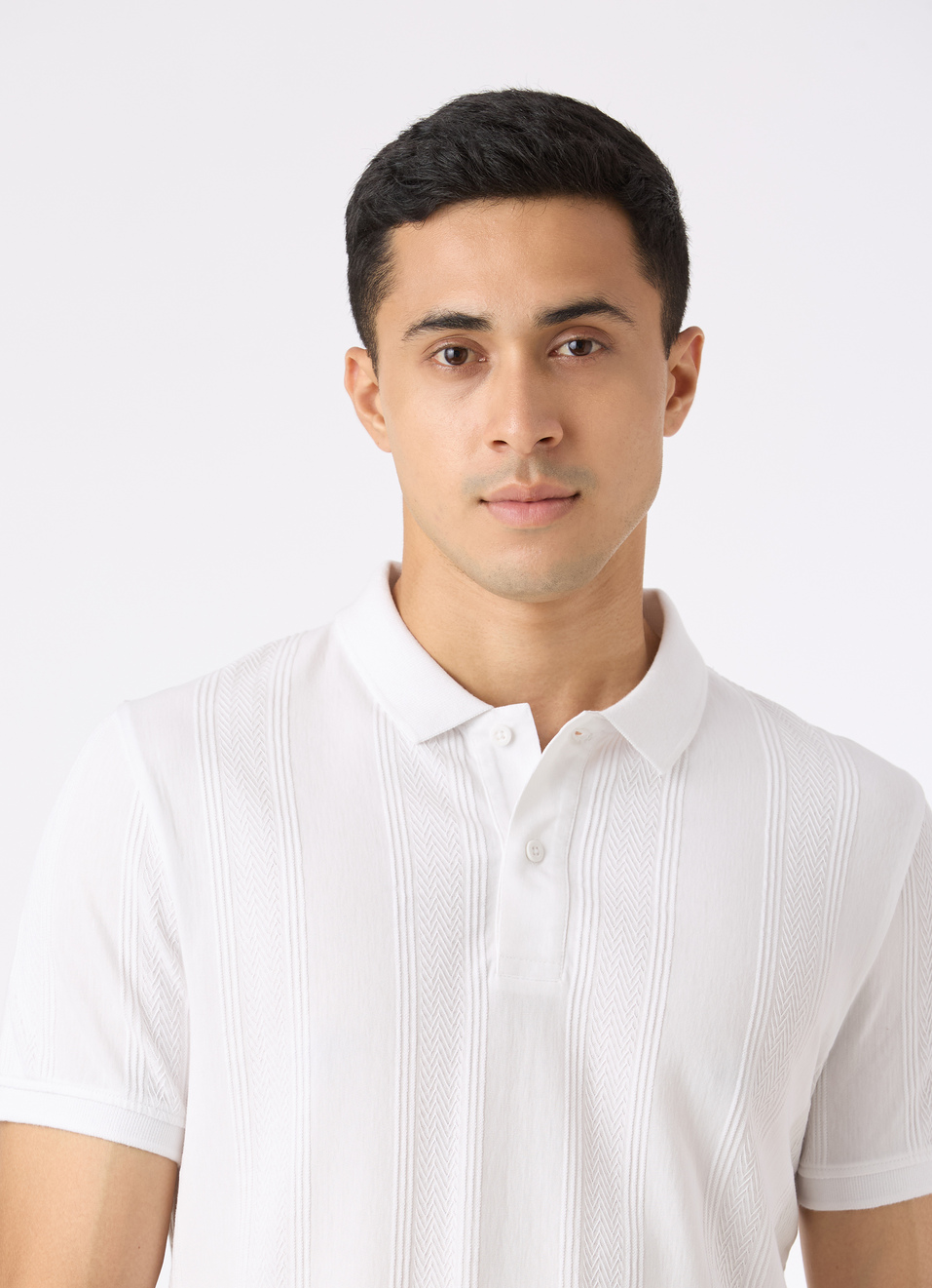 Men White Striped Polo Collar T-shirt, , large image number 4