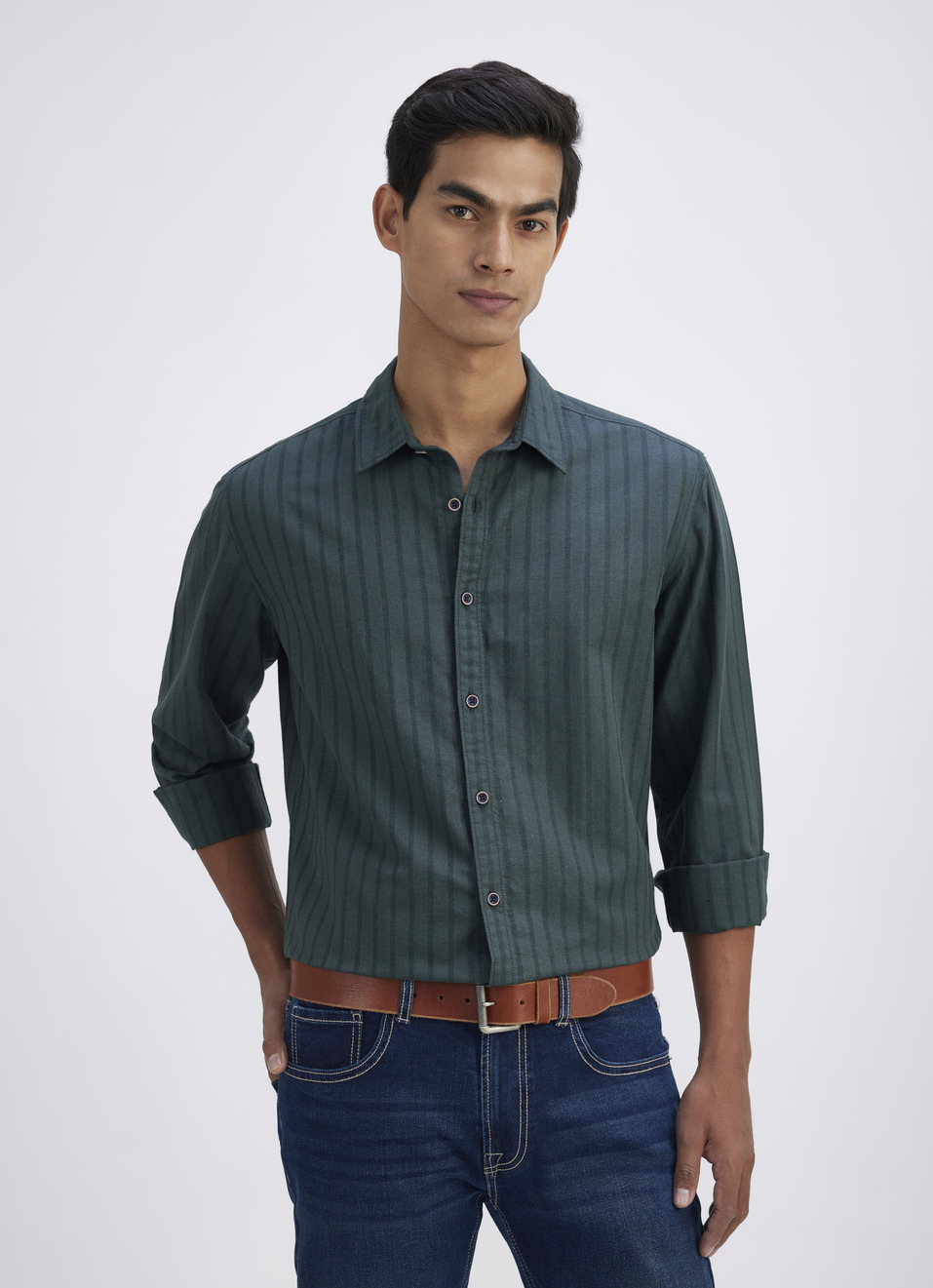 Men Green Stripe Full Sleeve Shirt, , large image number 0
