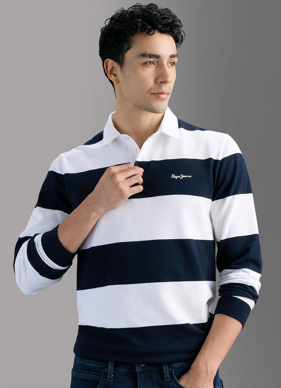 Men Navy Rugby Striped Polo T-shirt, , large image number 0
