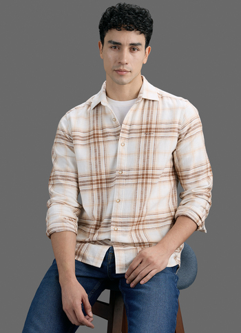 Men Beige Checked Dobby Long Sleeve Shirt