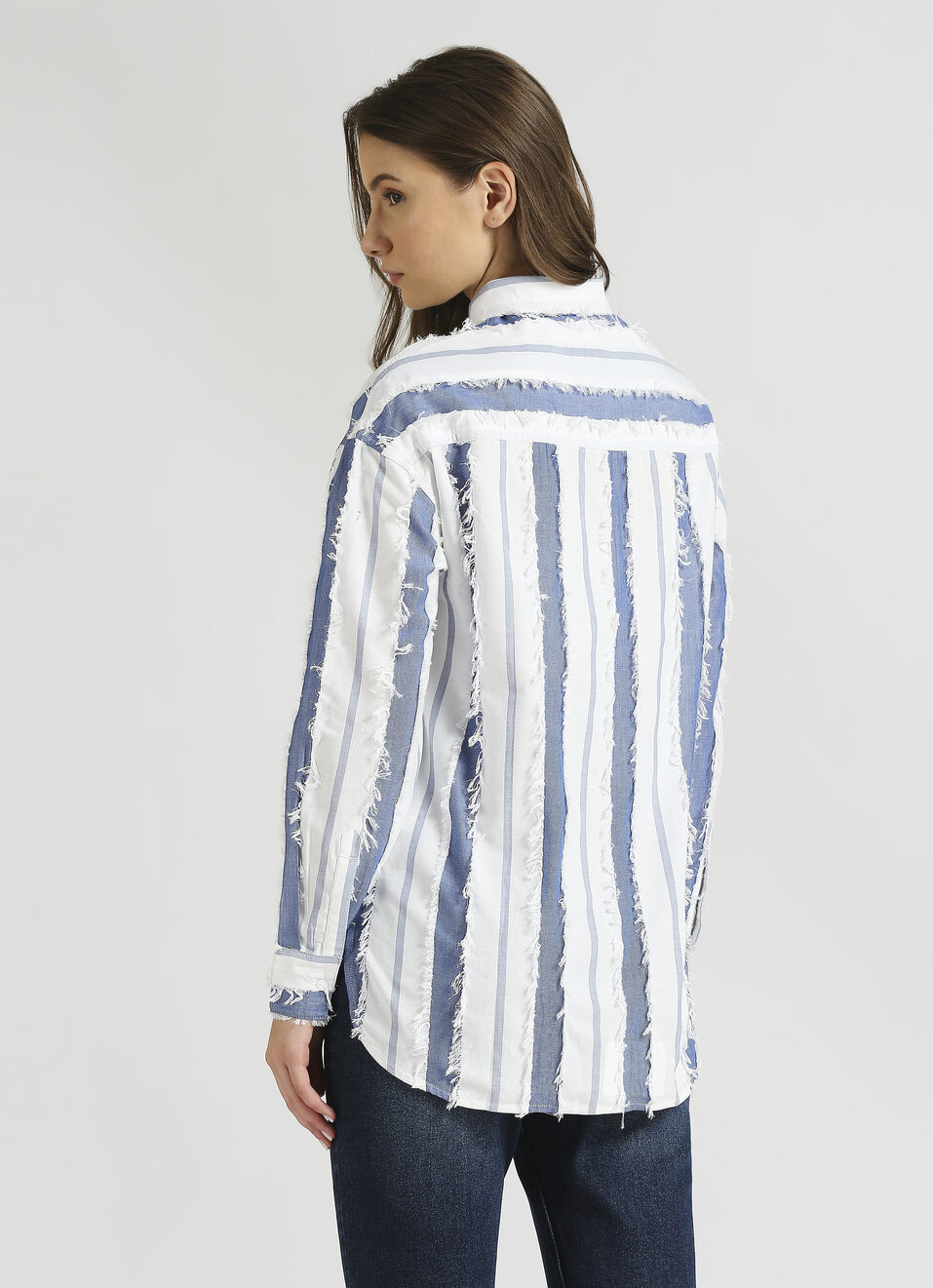 Blue Oversized Stripes Self Design Long Sleeve Shirt, , large image number 2