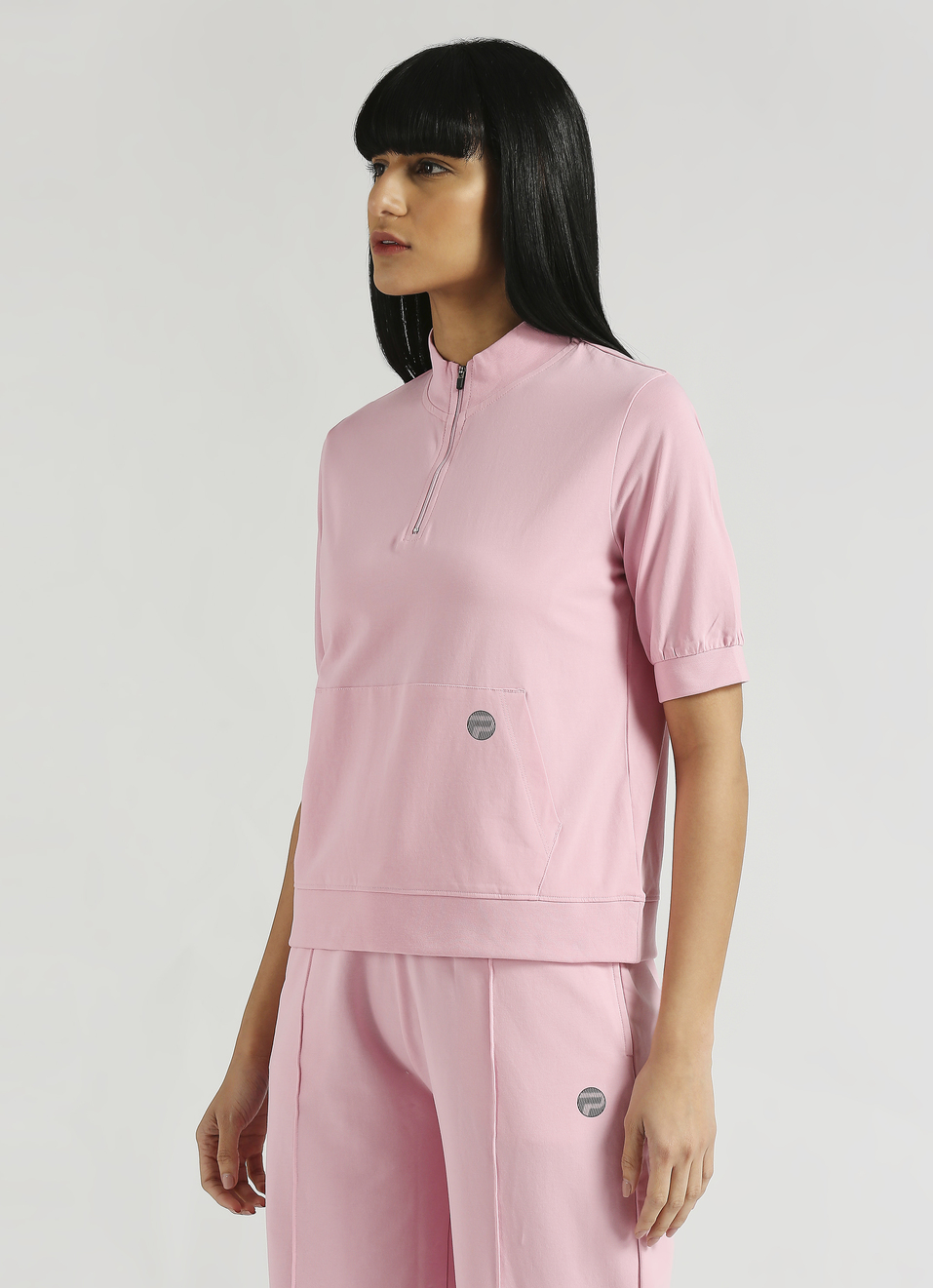 Pink Reflective Print Kangaroo Pocket Puff Sleeve T-shirt, , large image number 3