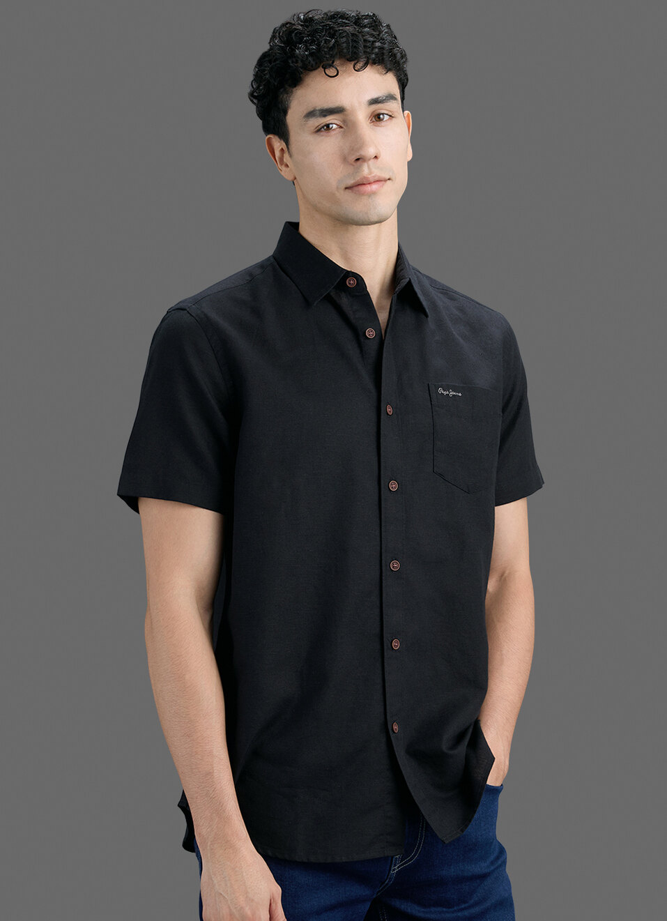 Men Black Solid Cotton Linen Short Sleeve Shirt, , large image number 5