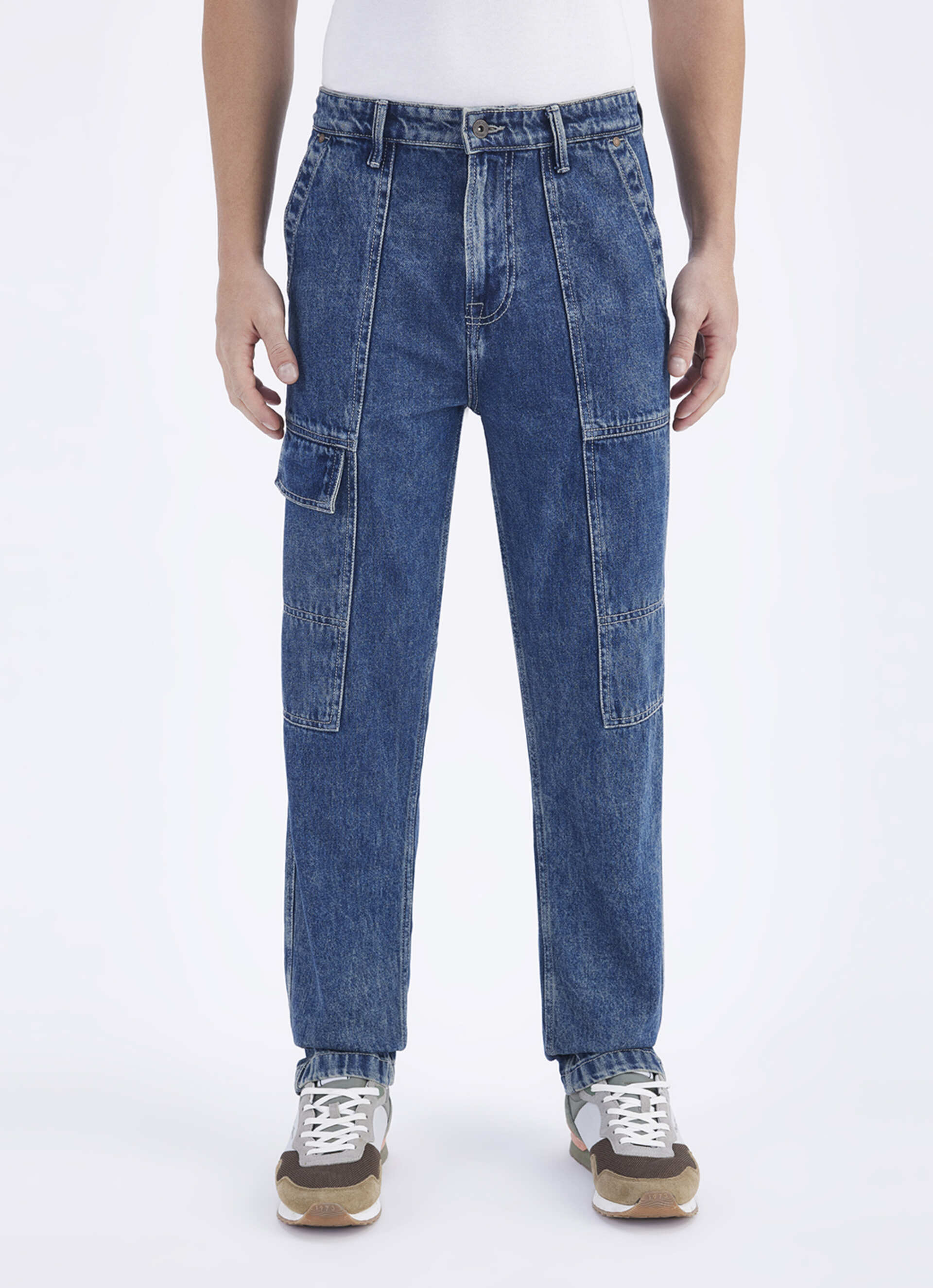 Men Blue Straight Fit Mid Rise Cargo Jeans, , large image number 8