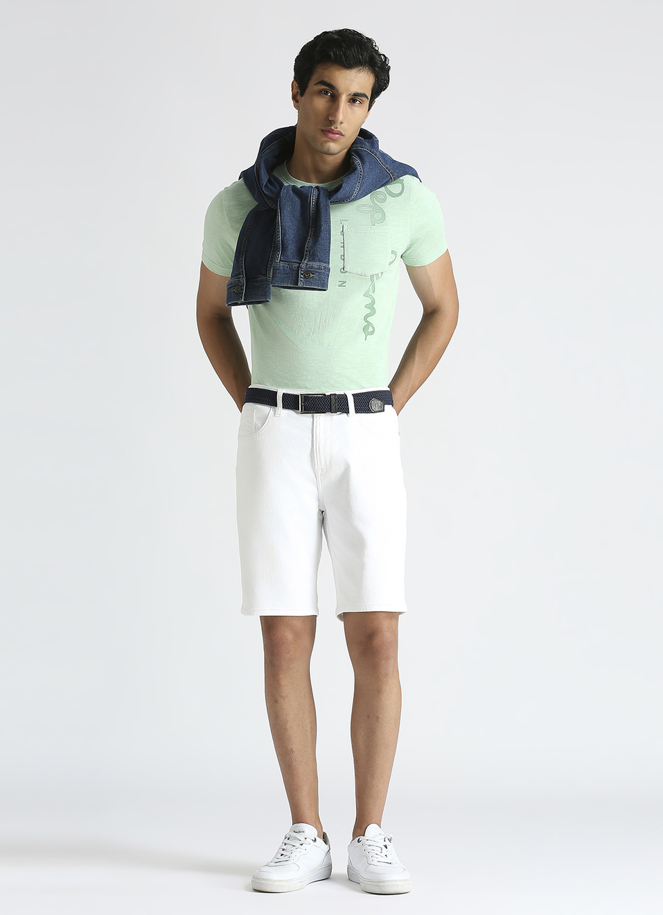 White Mid Waist Denim Shorts, , large image number 1