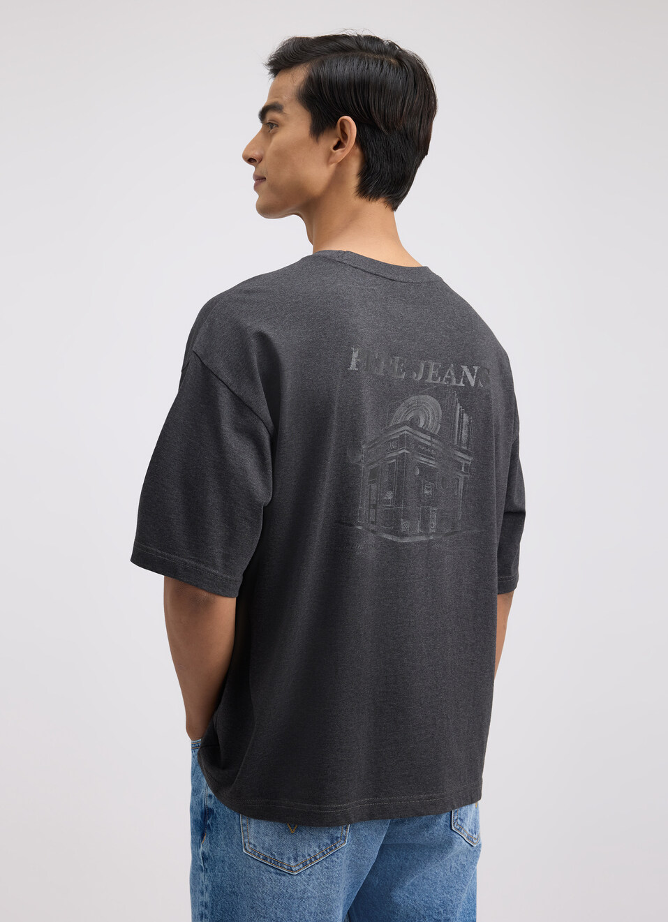 Men Grey Back Print Short Sleeve Oversized T-shirt, , large image number 2