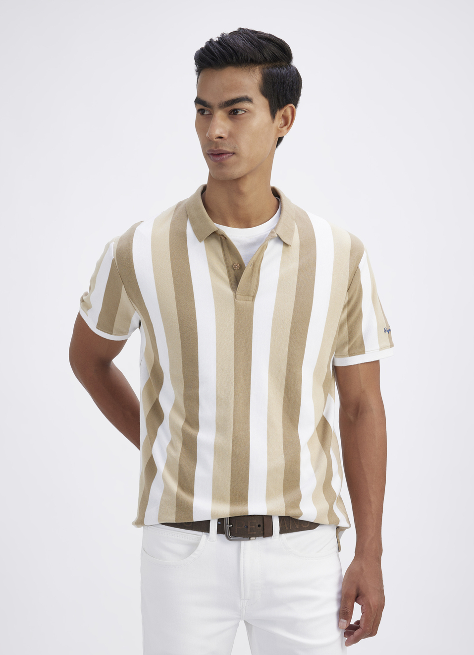 Men Beige All Over Stripe Short Sleeve Polo, , large image number 0