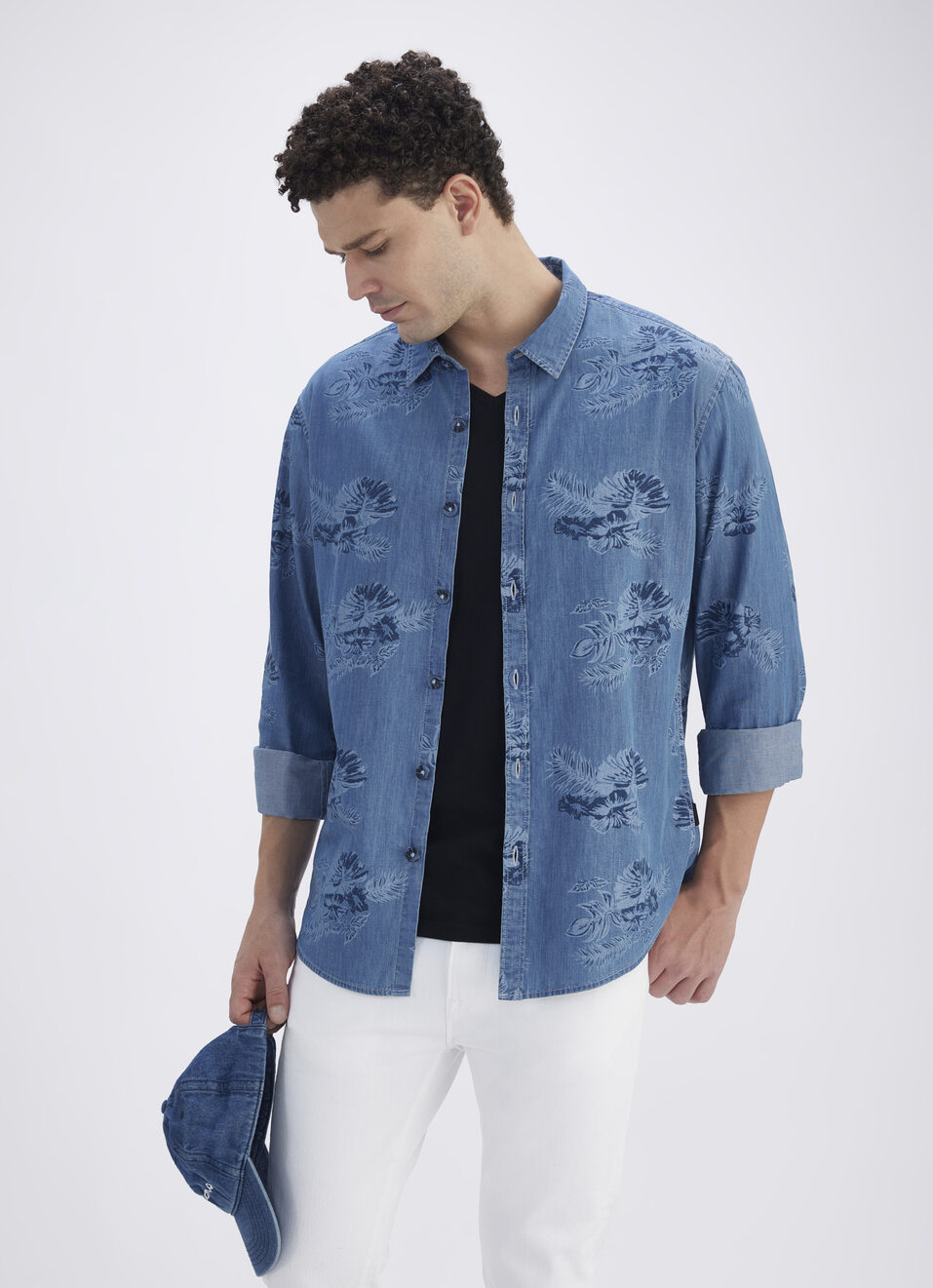 Men Blue Botanical Print Full Sleeve Denim Shirt, , large image number 0