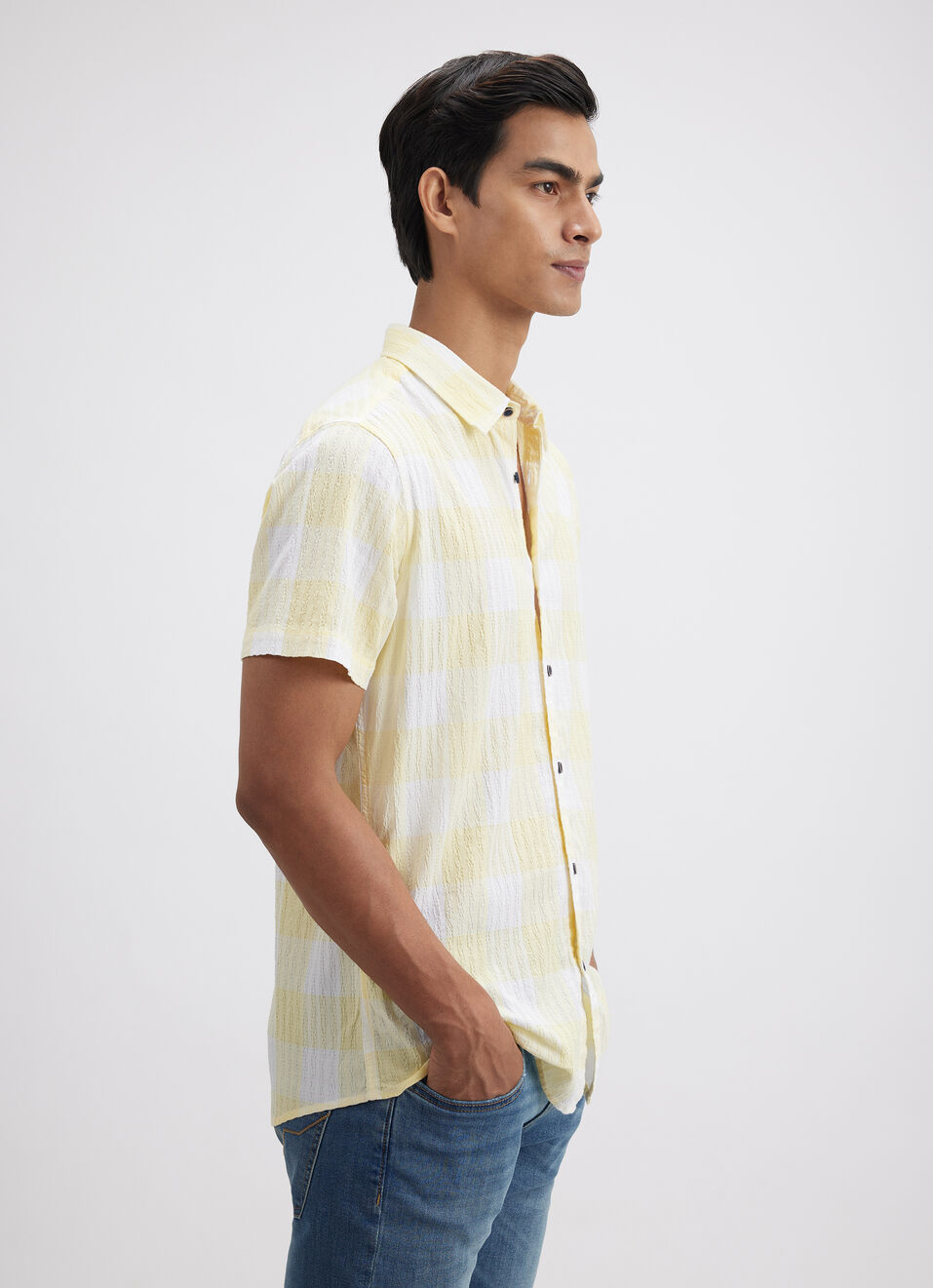 Men Yellow Check Short Sleeve Shirt, , large image number 3