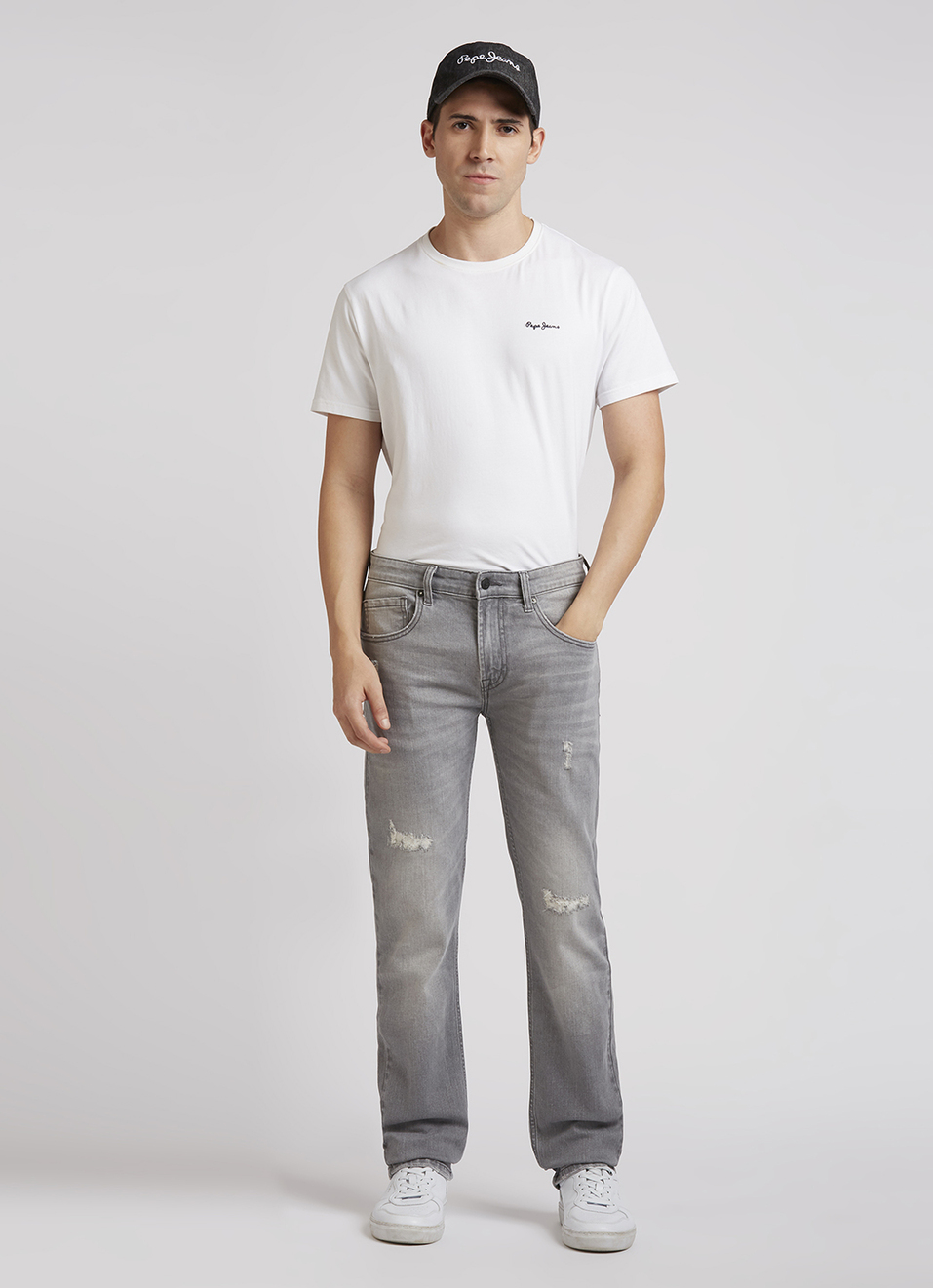 Vapour Grey Mid Rise Distressed Slim Jeans, , large image number 1