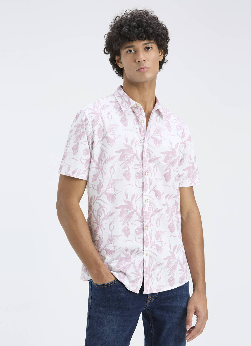 Men Purple Botanical Print Short Sleeve Shirt, , large image number 0