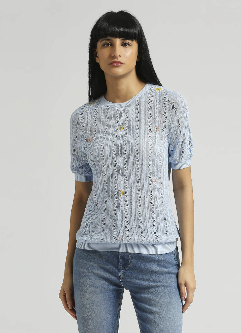 Light Blue Embroidered Short Sleeve Flat Knit Top, , large image number 1