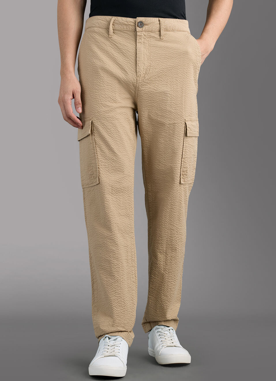 Men Khaki Striped Mid Rise Cargo Pants, , large image number 2