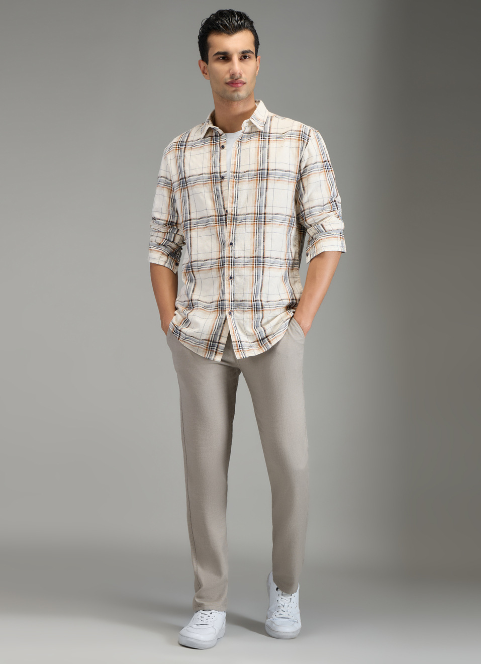 Men Off White Checked Shirt, , large image number 5